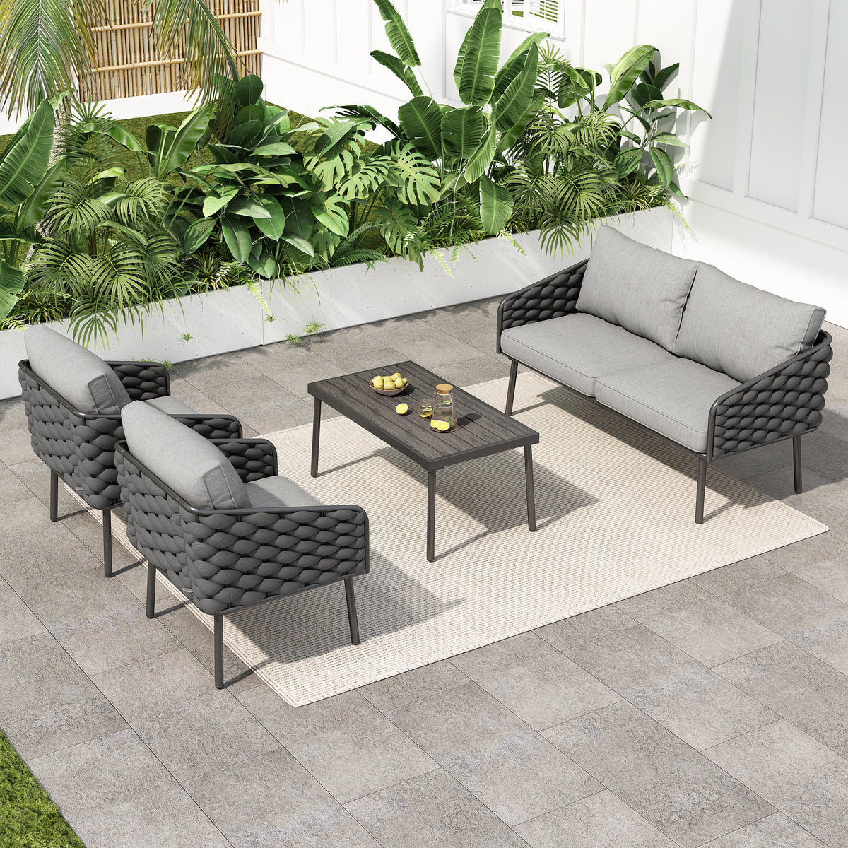 Outdoor sofa set Woven Outdoor Loveseat with Gray Cushions and Steel Frame