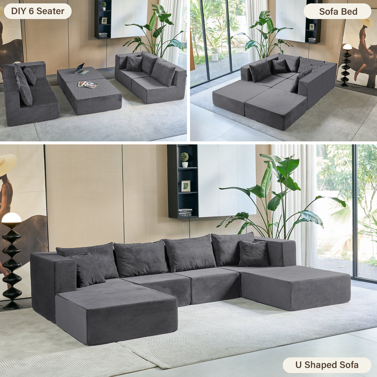 140-in Oversized Modular Sectional Sofa 6-Piece Convertible U Shaped Sleeper Sofa With High Density Memory Foam 6 Seater Free Combination Compression For Living Room