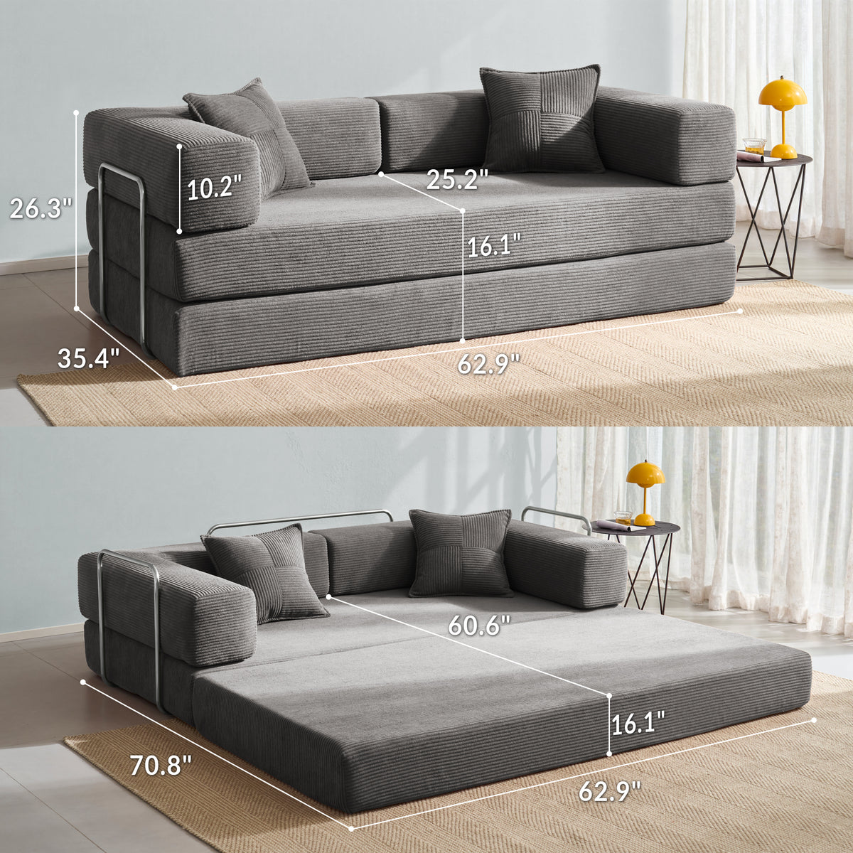 81.6-in King Size Convertible Sleeper Sofa Bed With 2 Pillows
