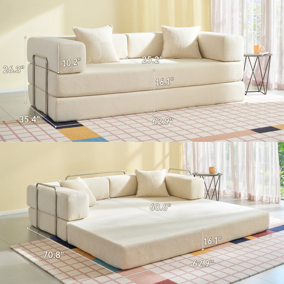 81.6-in King Size Convertible Sleeper Sofa Bed With 2 Pillows