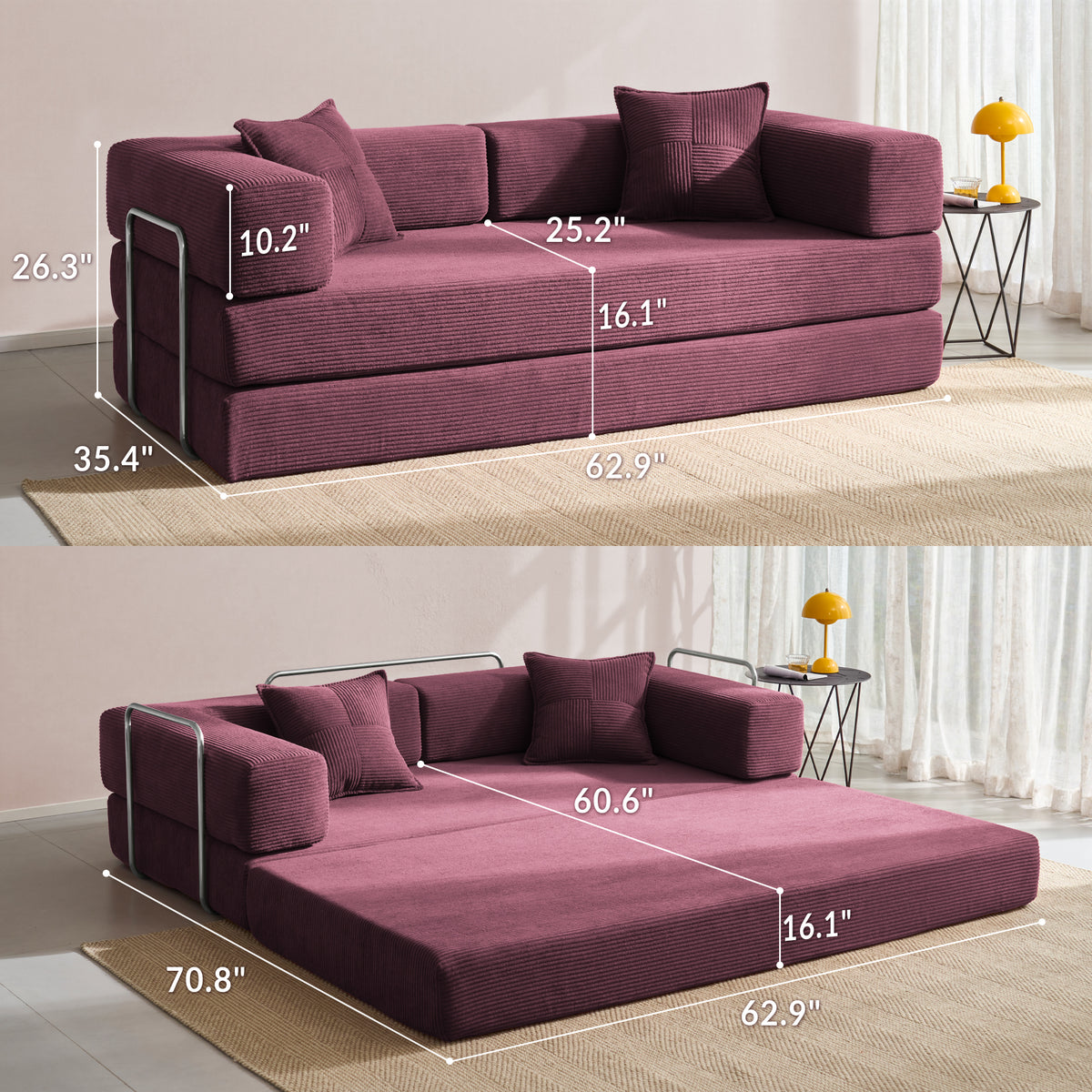81.6-in King Size Convertible Sleeper Sofa Bed With 2 Pillows