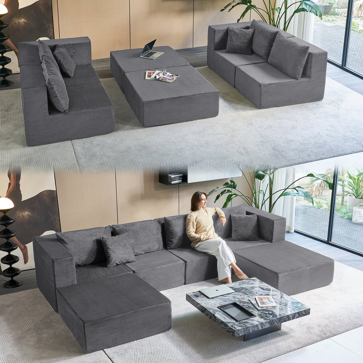 140-in Oversized Modular Sectional Sofa 6-Piece Convertible U Shaped Sleeper Sofa With High Density Memory Foam 6 Seater Free Combination Compression For Living Room