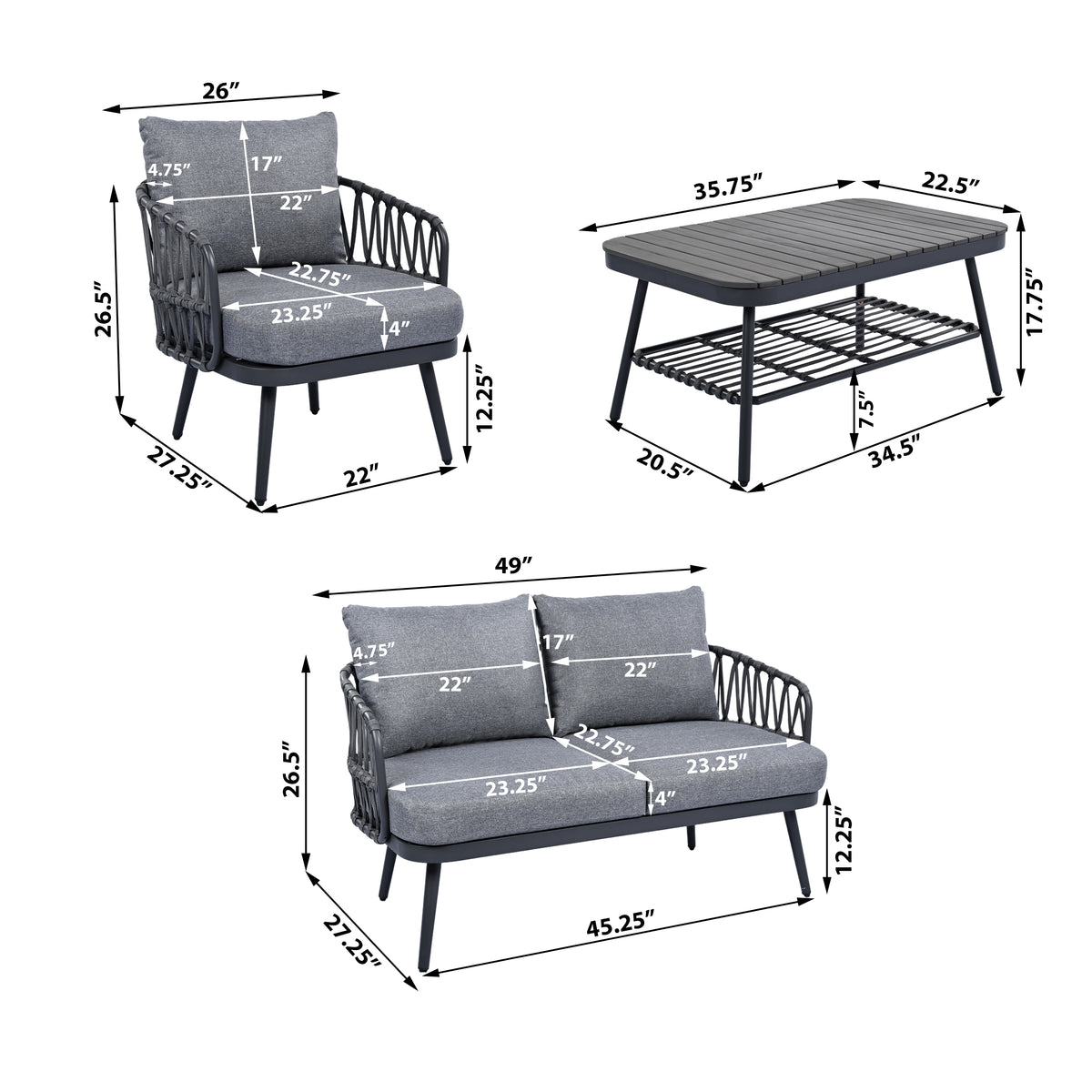 Outdoor sofa set Woven Outdoor Loveseat with Gray Cushions and Steel Frame