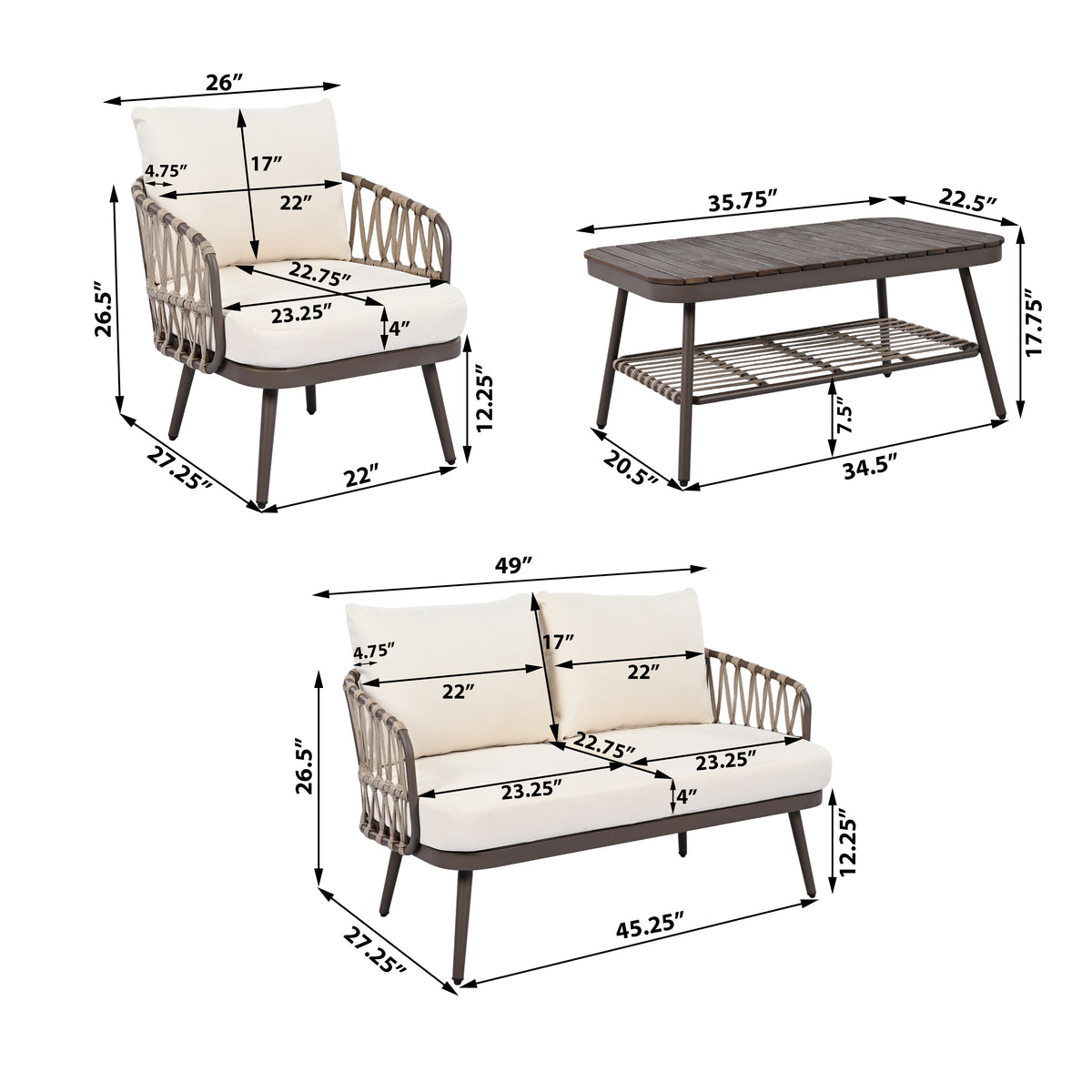 Outdoor sofa set Woven Outdoor Loveseat with Beige Cushions and Steel Frame