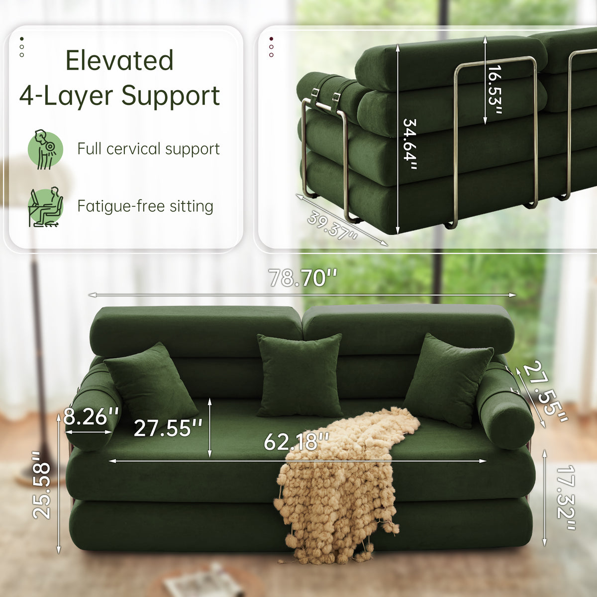 89.41-in Chenille Square Armrest Couch Sofa