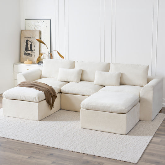 120-in Comfy Cloud Couch U Shaped Sectional Sofa Modular Sectional Sofa 5-Seater Comfy Cloud Couch with Movable Ottomans Chenille Sofa Sleeper Deep Seat Couches for Living Room With Two Ottomans