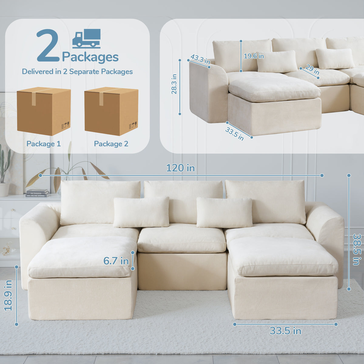 120-in Comfy Cloud Couch U Shaped Sectional Sofa Modular Sectional Sofa 5-Seater Comfy Cloud Couch with Movable Ottomans Chenille Sofa Sleeper Deep Seat Couches for Living Room With Two Ottomans