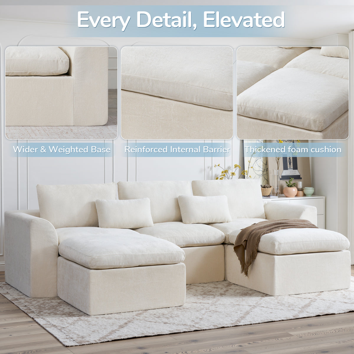 120-in Comfy Cloud Couch U Shaped Sectional Sofa Modular Sectional Sofa 5-Seater Comfy Cloud Couch with Movable Ottomans Chenille Sofa Sleeper Deep Seat Couches for Living Room With Two Ottomans