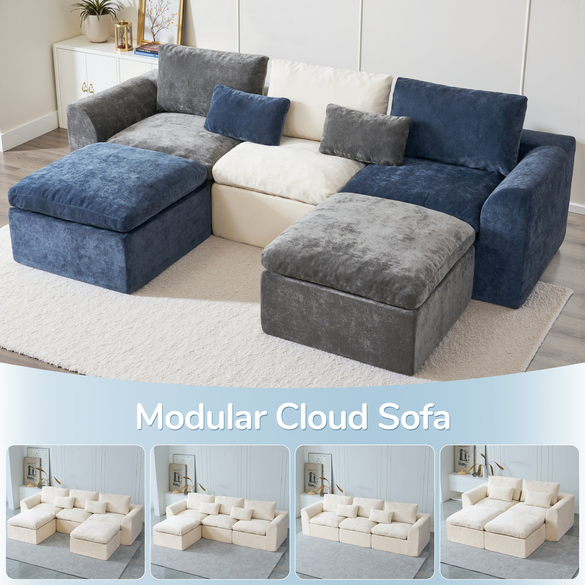 120-in Comfy Cloud Couch U Shaped Sectional Sofa Modular Sectional Sofa 5-Seater Comfy Cloud Couch with Movable Ottomans Chenille Sofa Sleeper Deep Seat Couches for Living Room With Two Ottomans