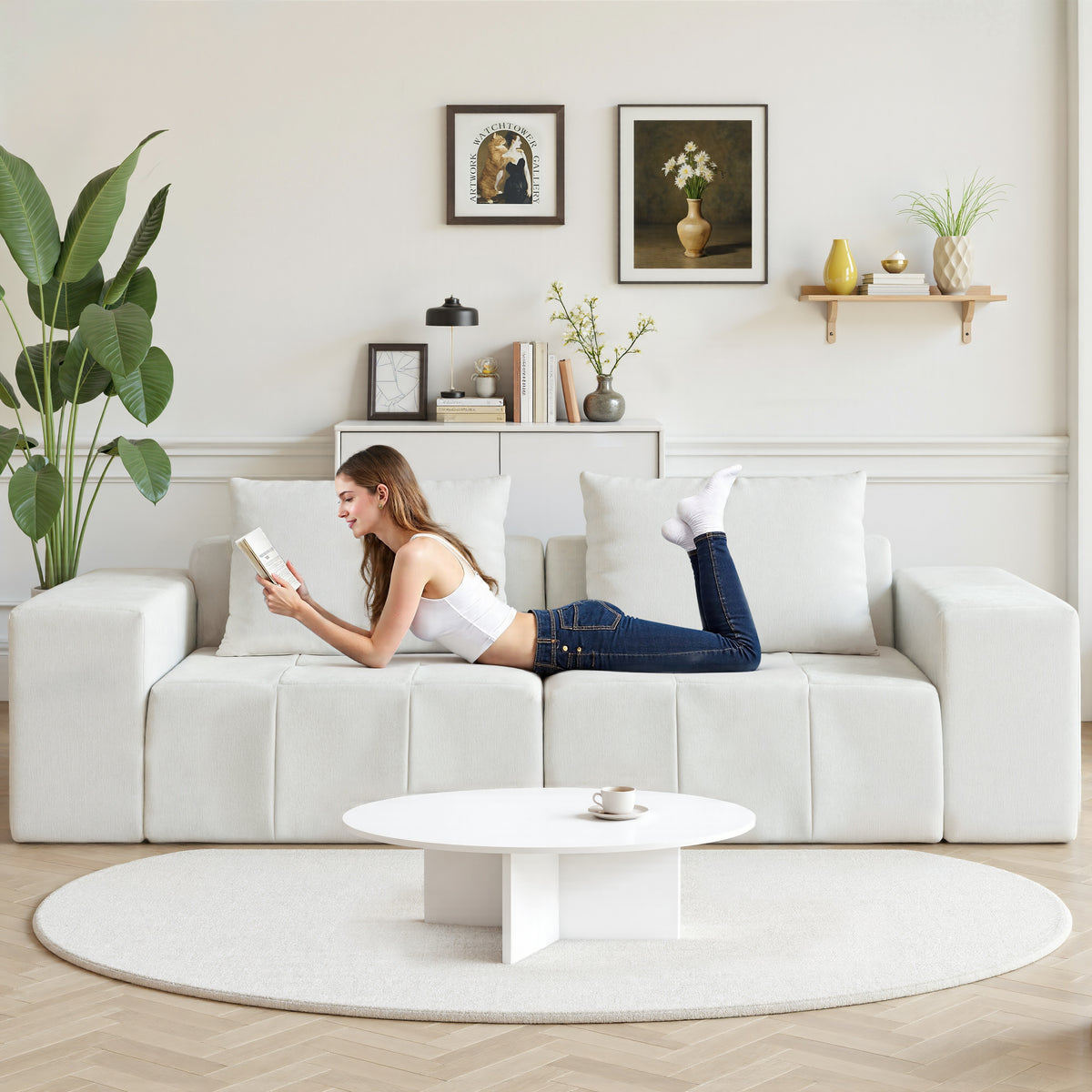 89.39-in Chenille Square Armrest Couch Sofa