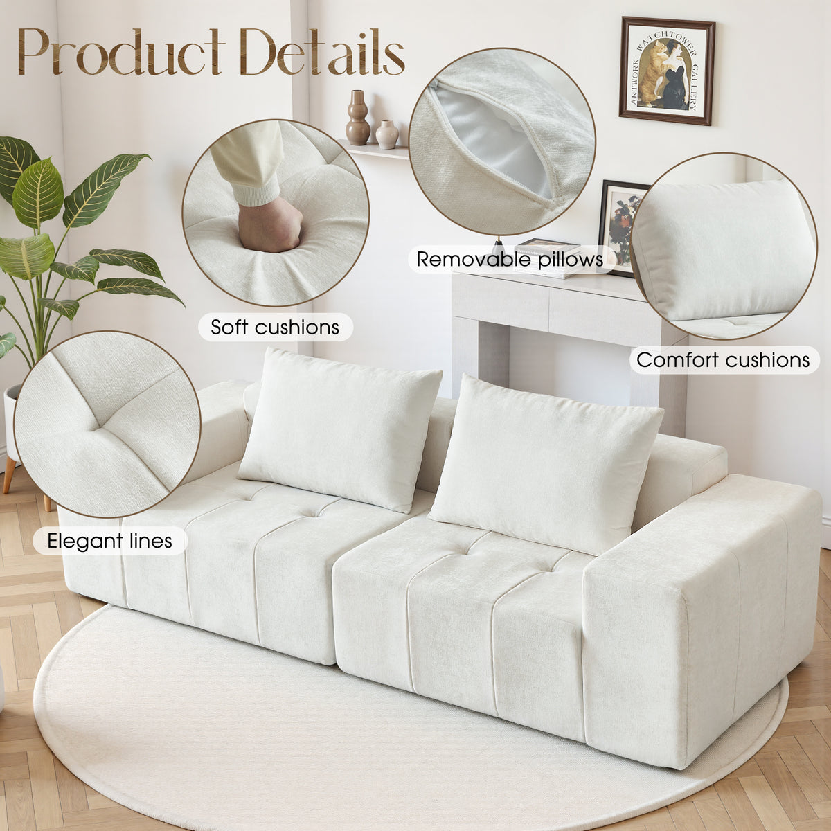 89.39-in Chenille Square Armrest Couch Sofa