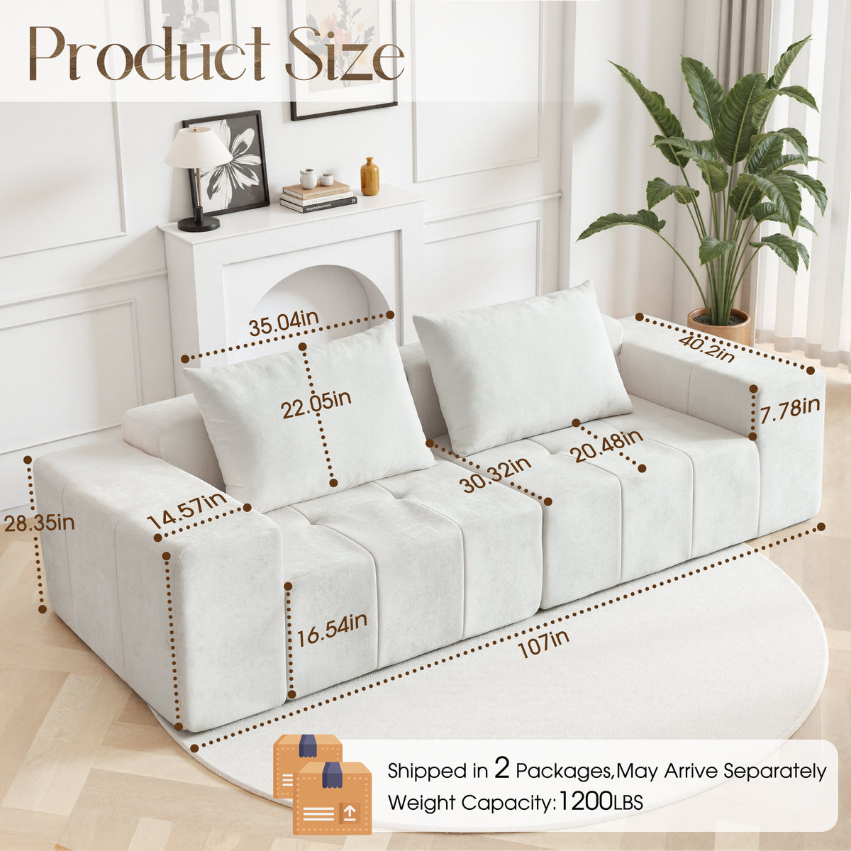 89.39-in Chenille Square Armrest Couch Sofa