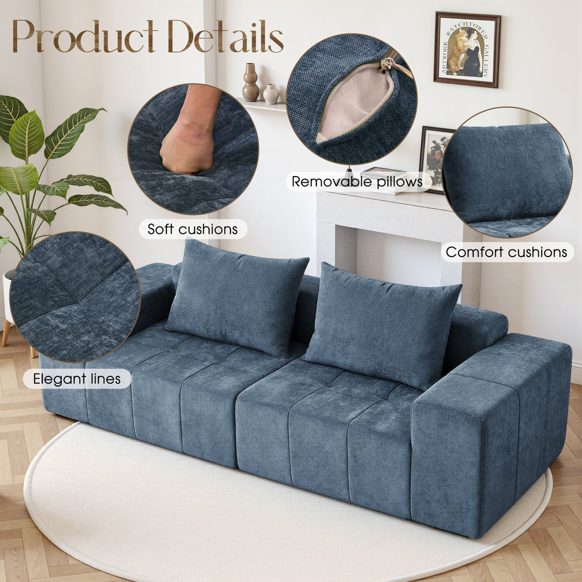 89.39-in Chenille Square Armrest Couch Sofa