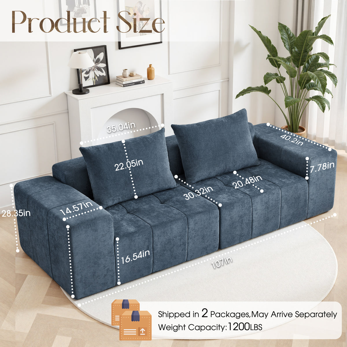 89.39-in Chenille Square Armrest Couch Sofa