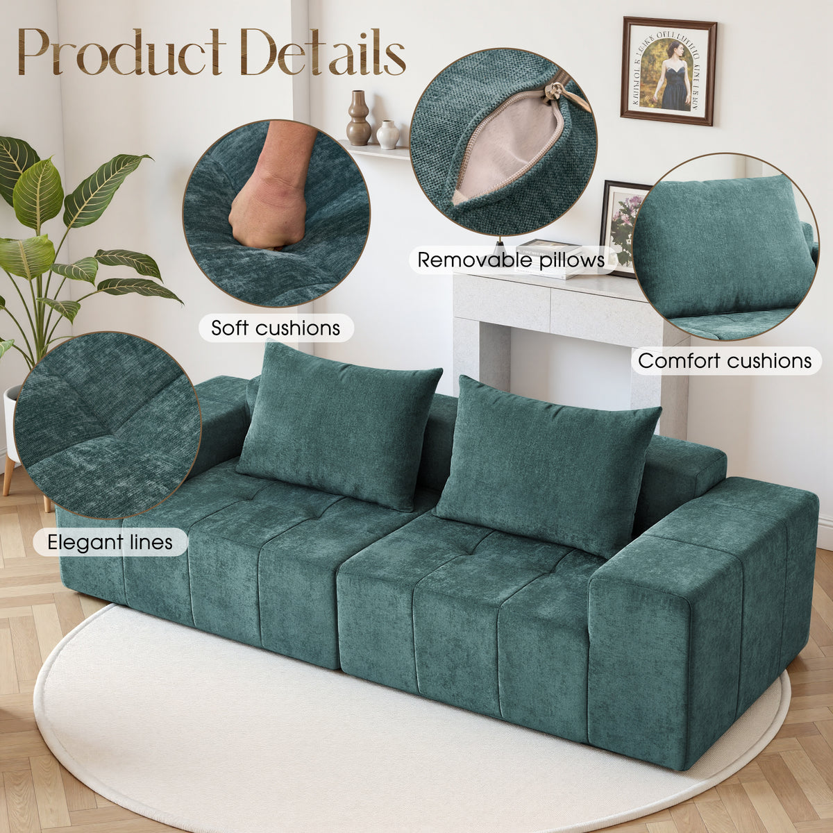 89.39-in Chenille Square Armrest Couch Sofa
