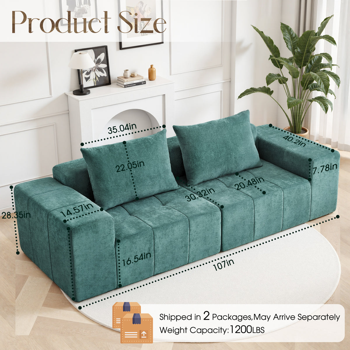 89.39-in Chenille Square Armrest Couch Sofa
