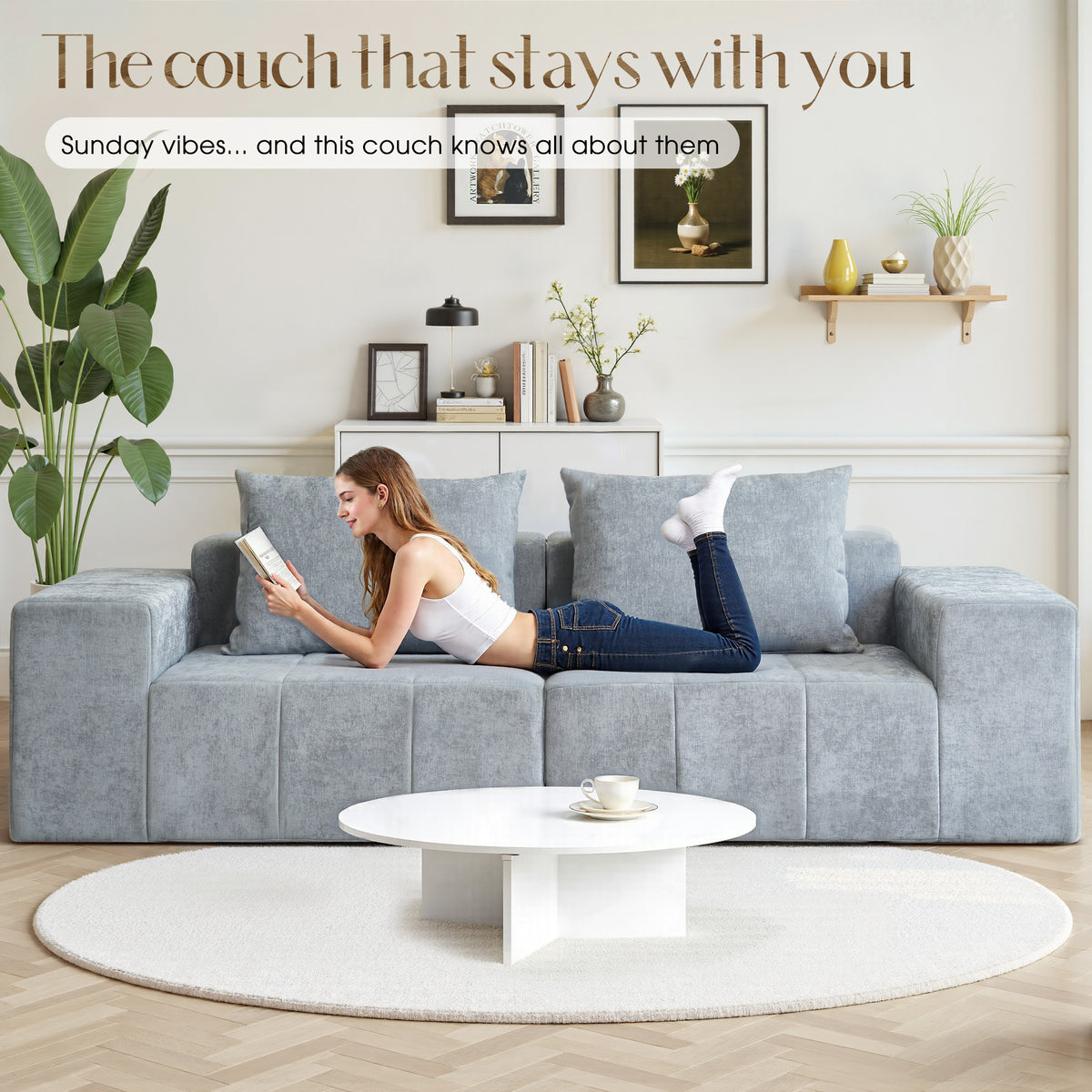 89.39-in Chenille Square Armrest Couch Sofa