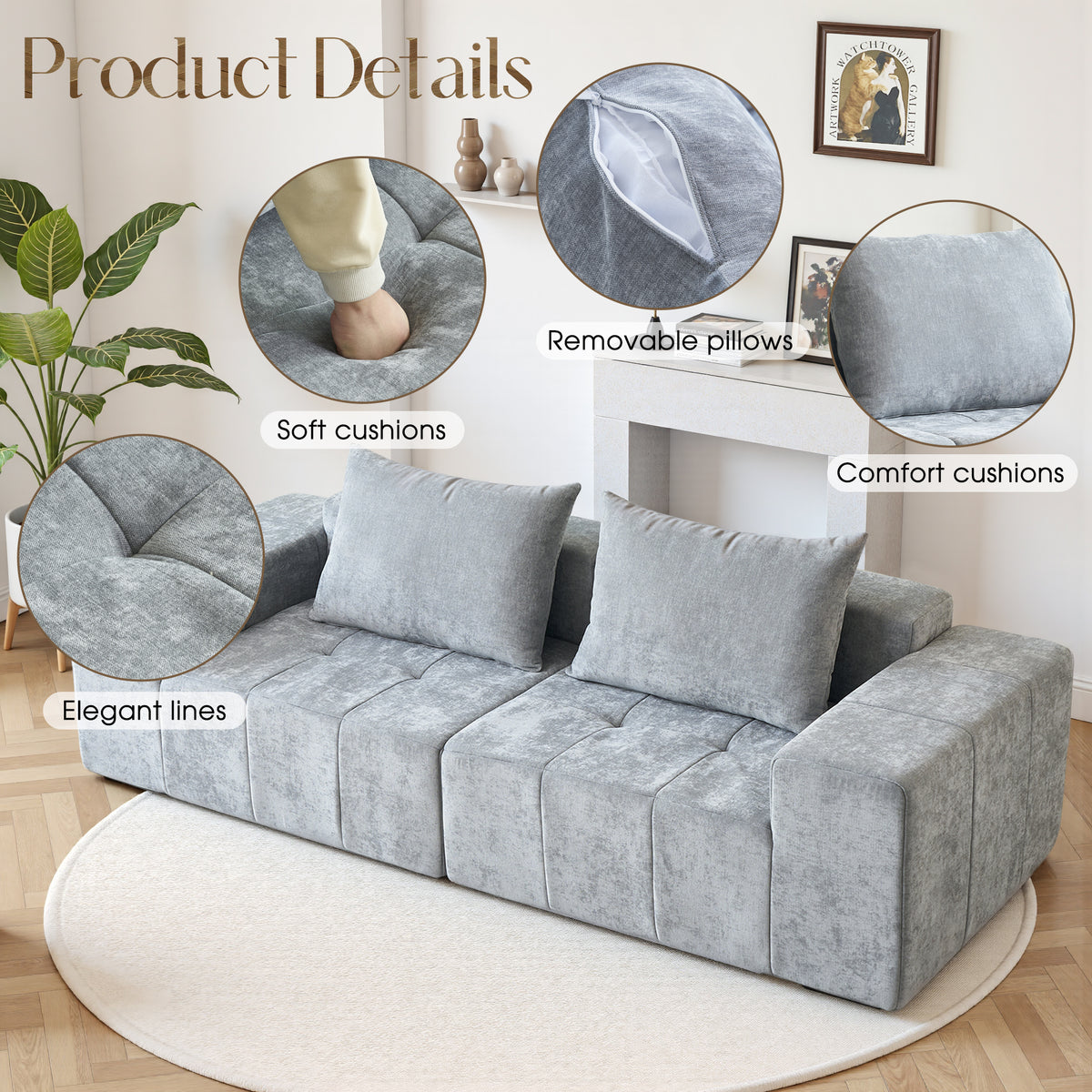 89.39-in Chenille Square Armrest Couch Sofa