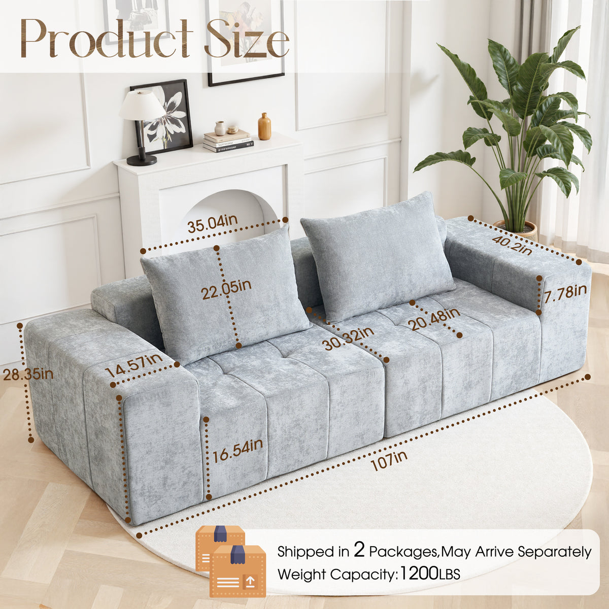 89.39-in Chenille Square Armrest Couch Sofa