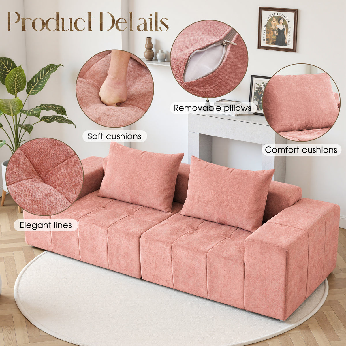 89.39-in Chenille Square Armrest Couch Sofa