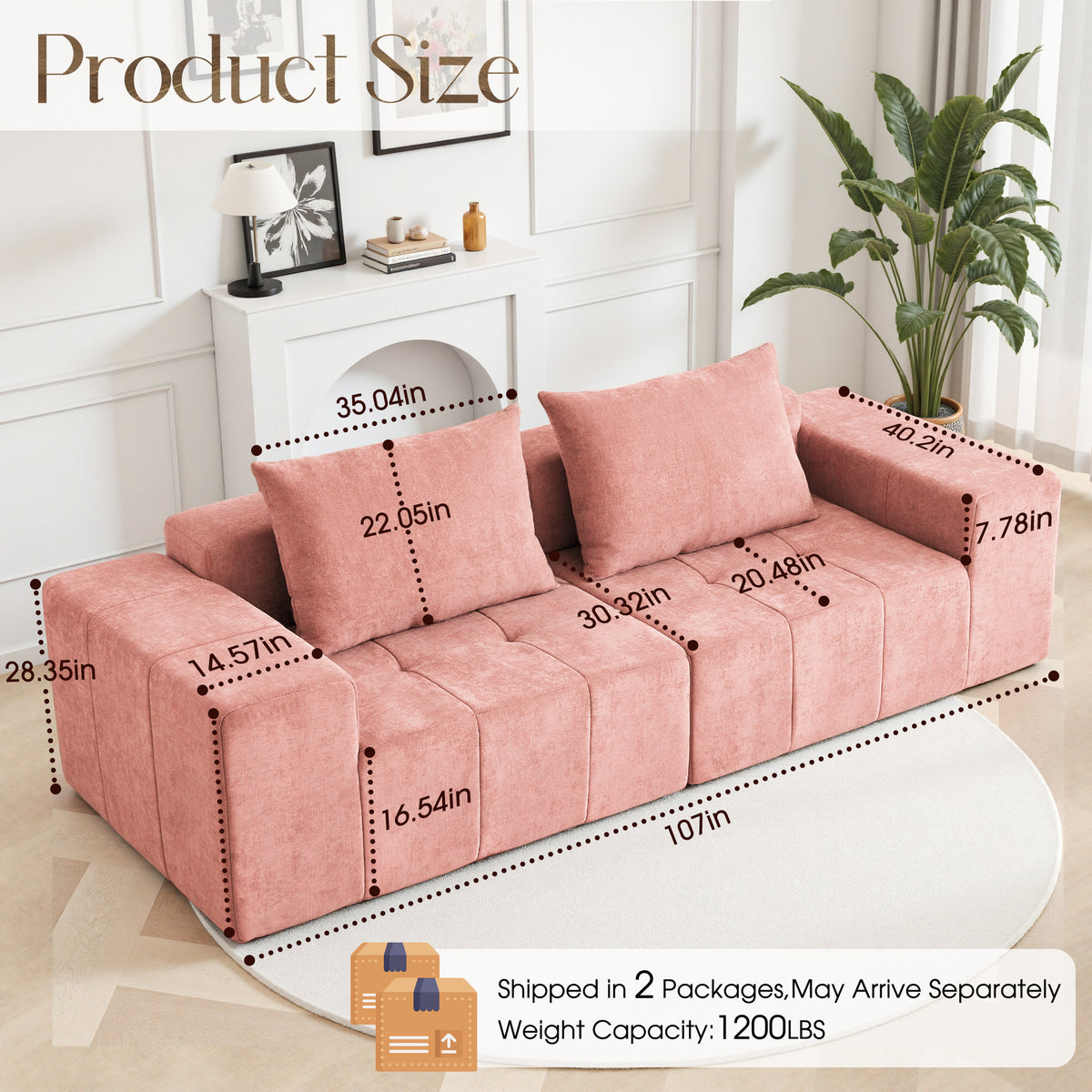 89.39-in Chenille Square Armrest Couch Sofa