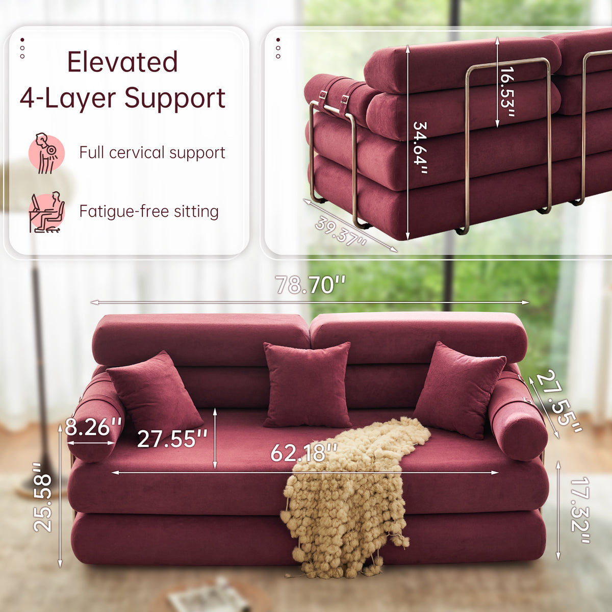 89.41-in Chenille Square Armrest Couch Sofa
