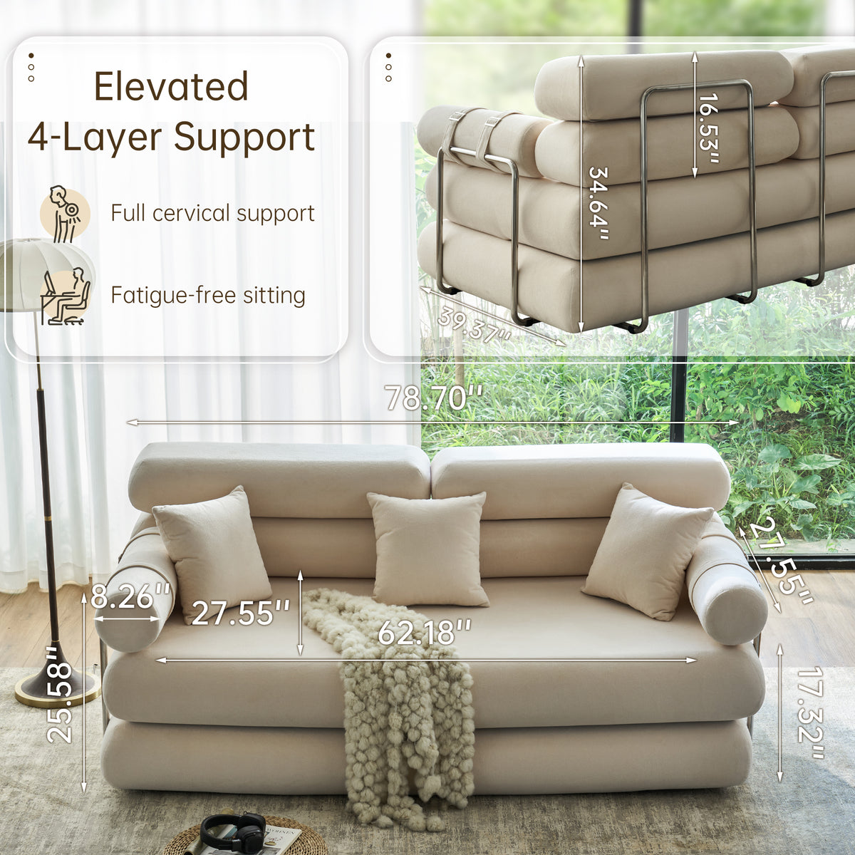 89.41-in Chenille Square Armrest Couch Sofa