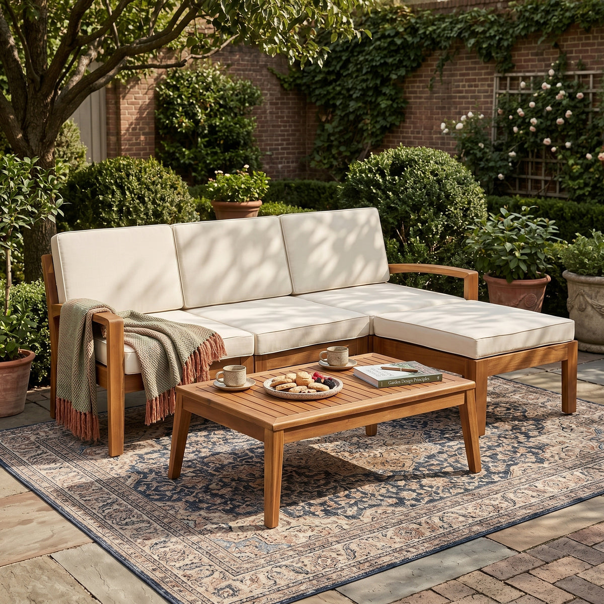 Acacia Wood and Metal Outdoor Patio Sofa Set with white Cushions