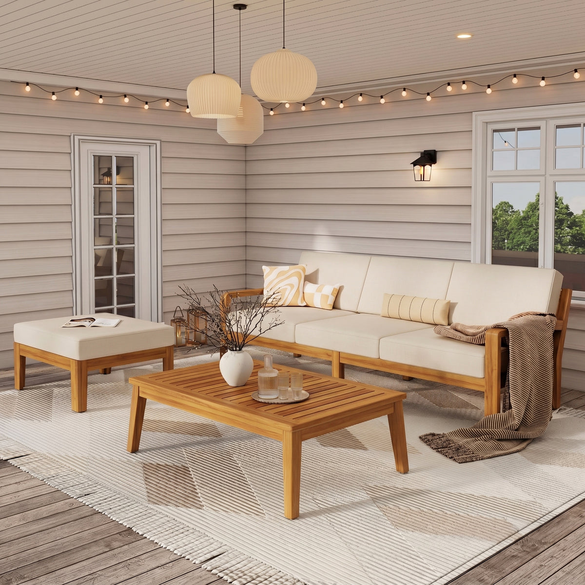 Acacia Wood and Metal Outdoor Patio Sofa Set with white Cushions