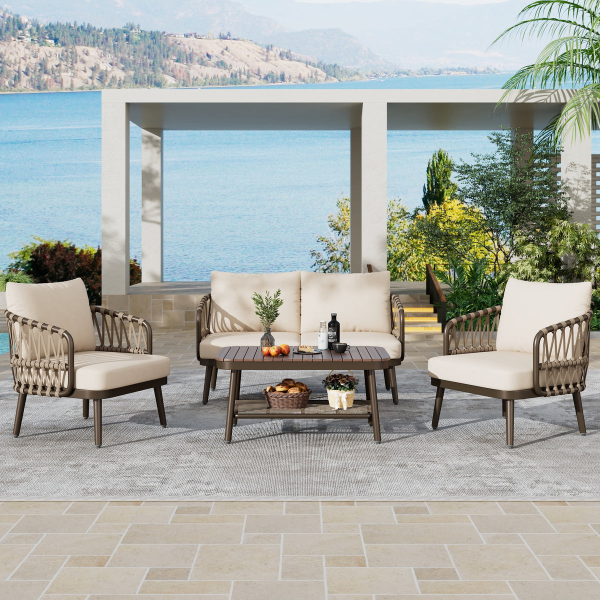 Outdoor sofa set Woven Outdoor Loveseat with Beige Cushions and Steel Frame