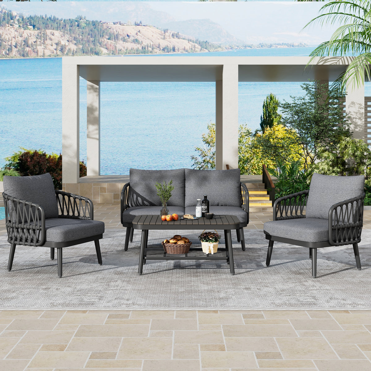 Outdoor sofa set Woven Outdoor Loveseat with Gray Cushions and Steel Frame