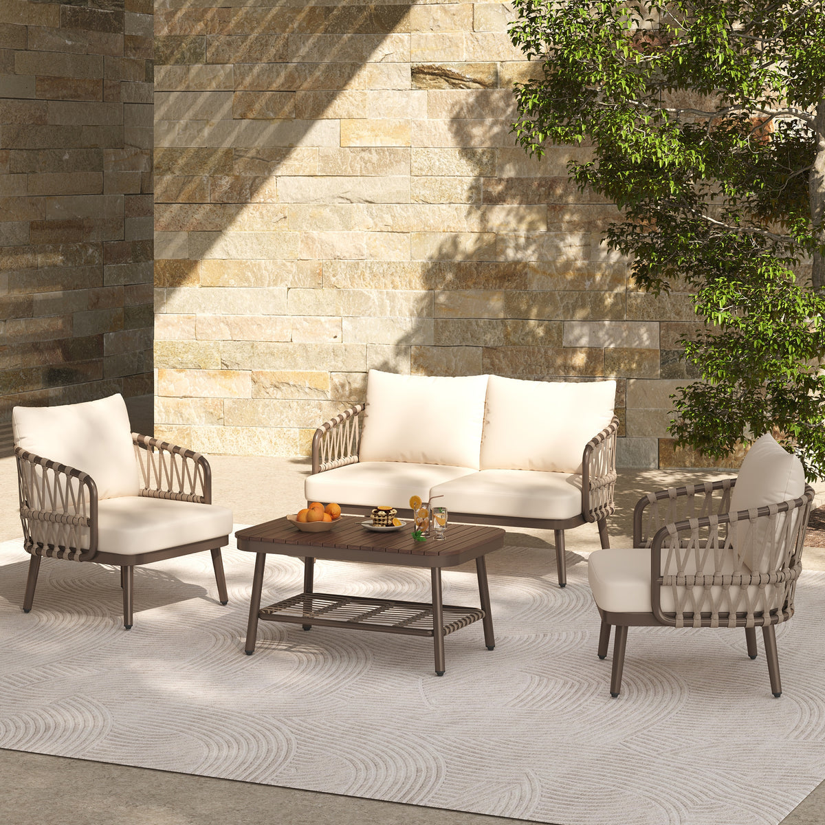 Outdoor sofa set Woven Outdoor Loveseat with Beige Cushions and Steel Frame