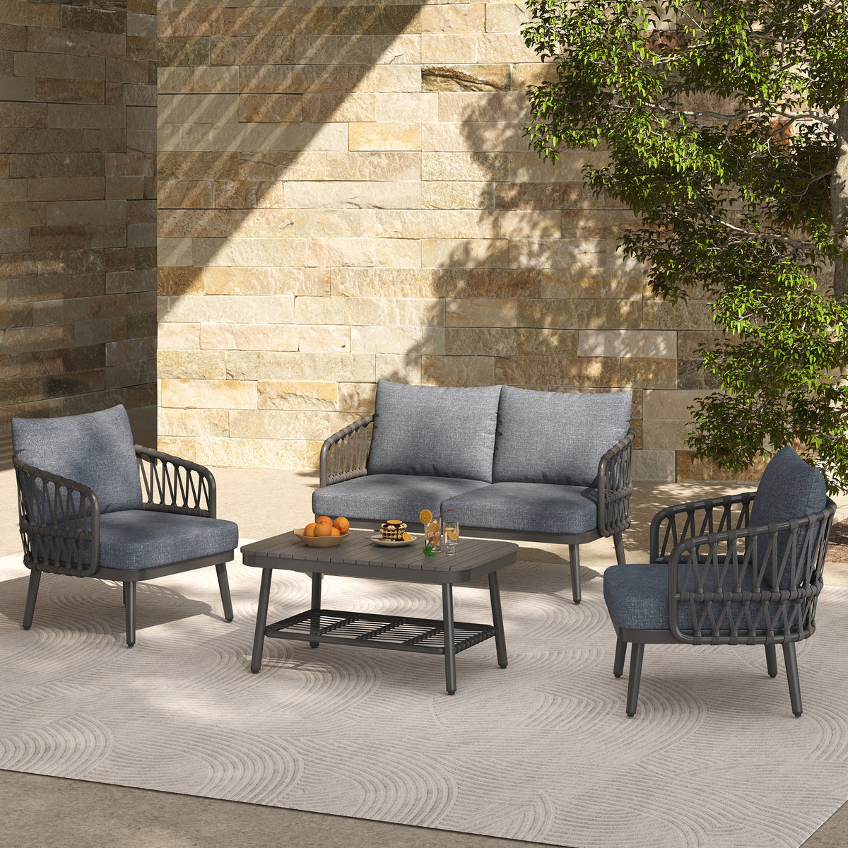 Outdoor sofa set Woven Outdoor Loveseat with Gray Cushions and Steel Frame