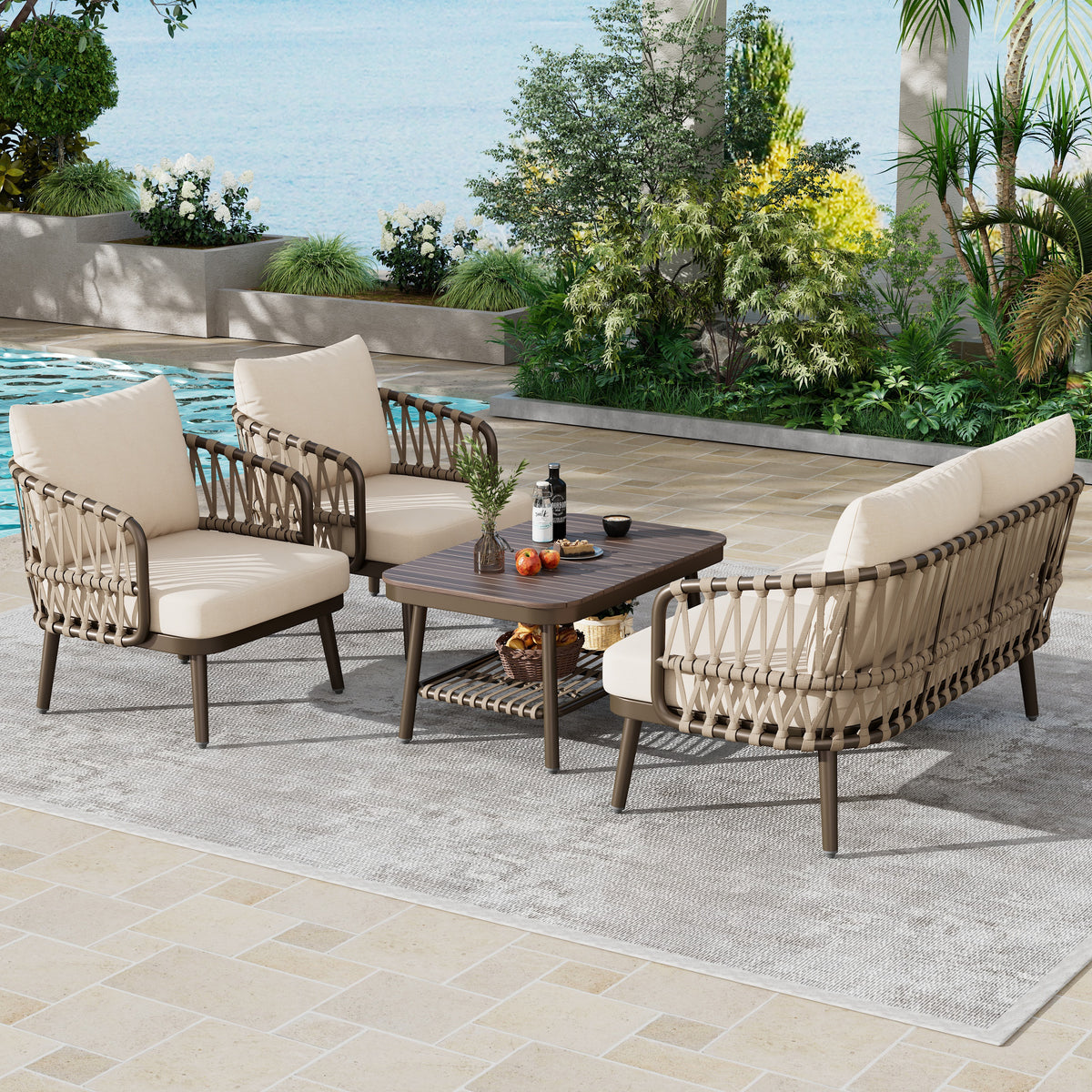 Outdoor sofa set Woven Outdoor Loveseat with Beige Cushions and Steel Frame