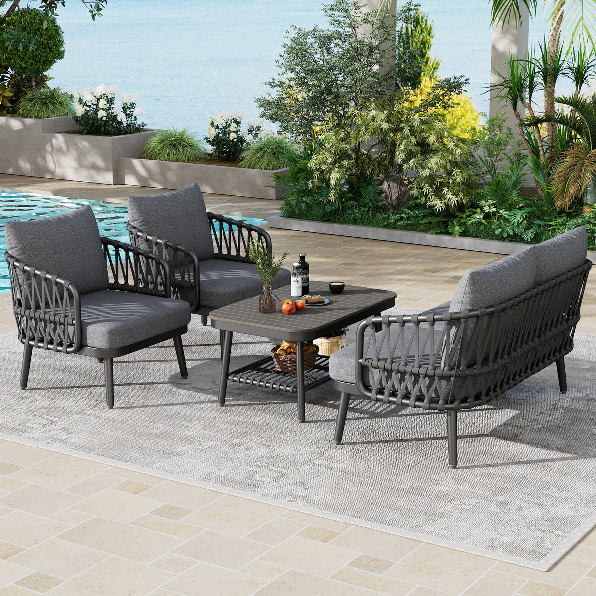 Outdoor sofa set Woven Outdoor Loveseat with Gray Cushions and Steel Frame