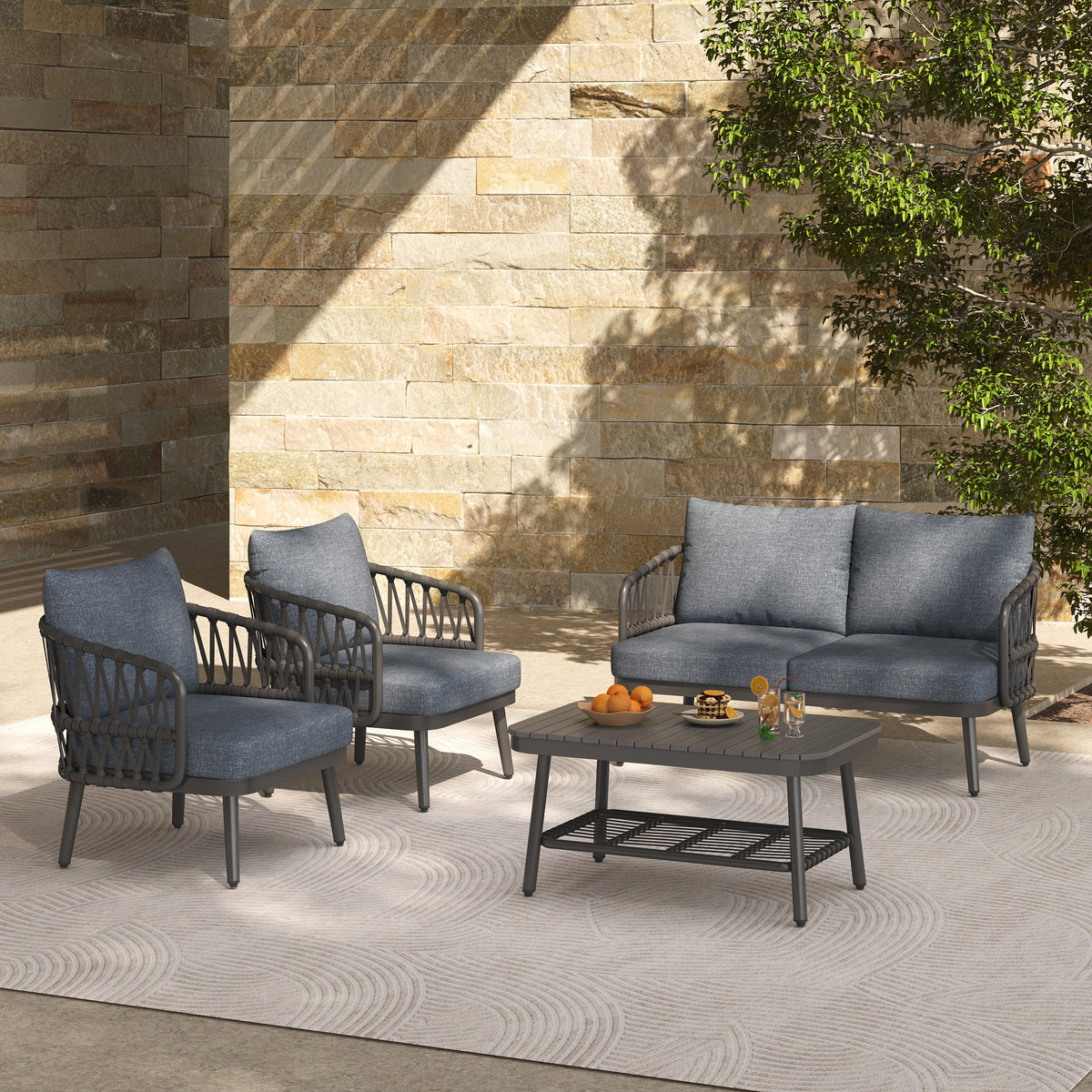 Outdoor sofa set Woven Outdoor Loveseat with Gray Cushions and Steel Frame