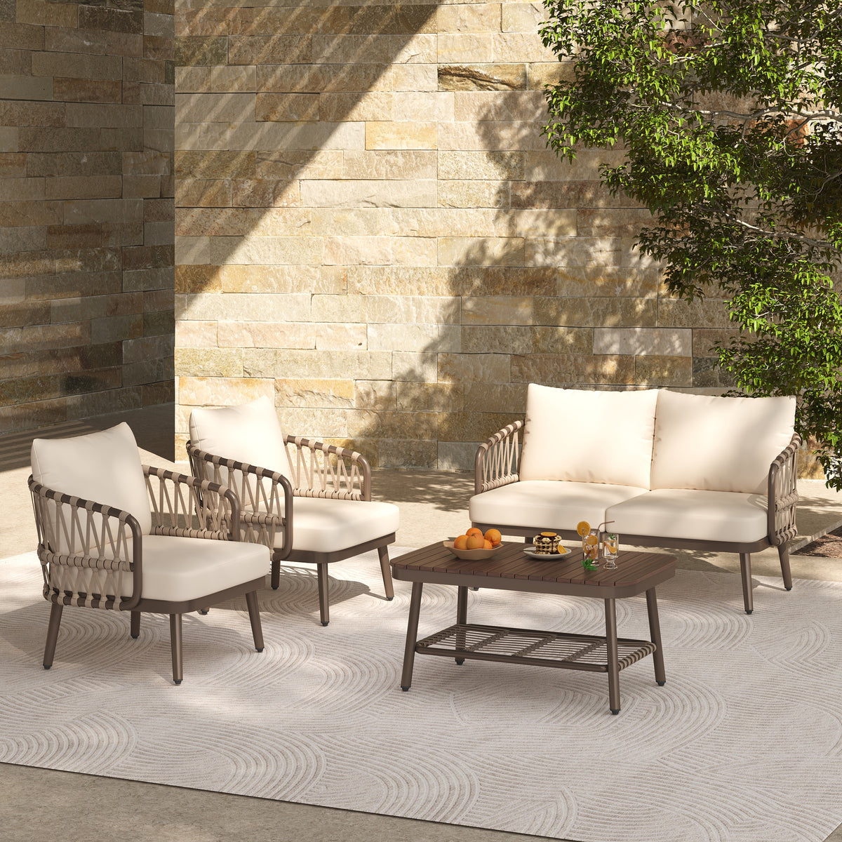 Outdoor sofa set Woven Outdoor Loveseat with Beige Cushions and Steel Frame