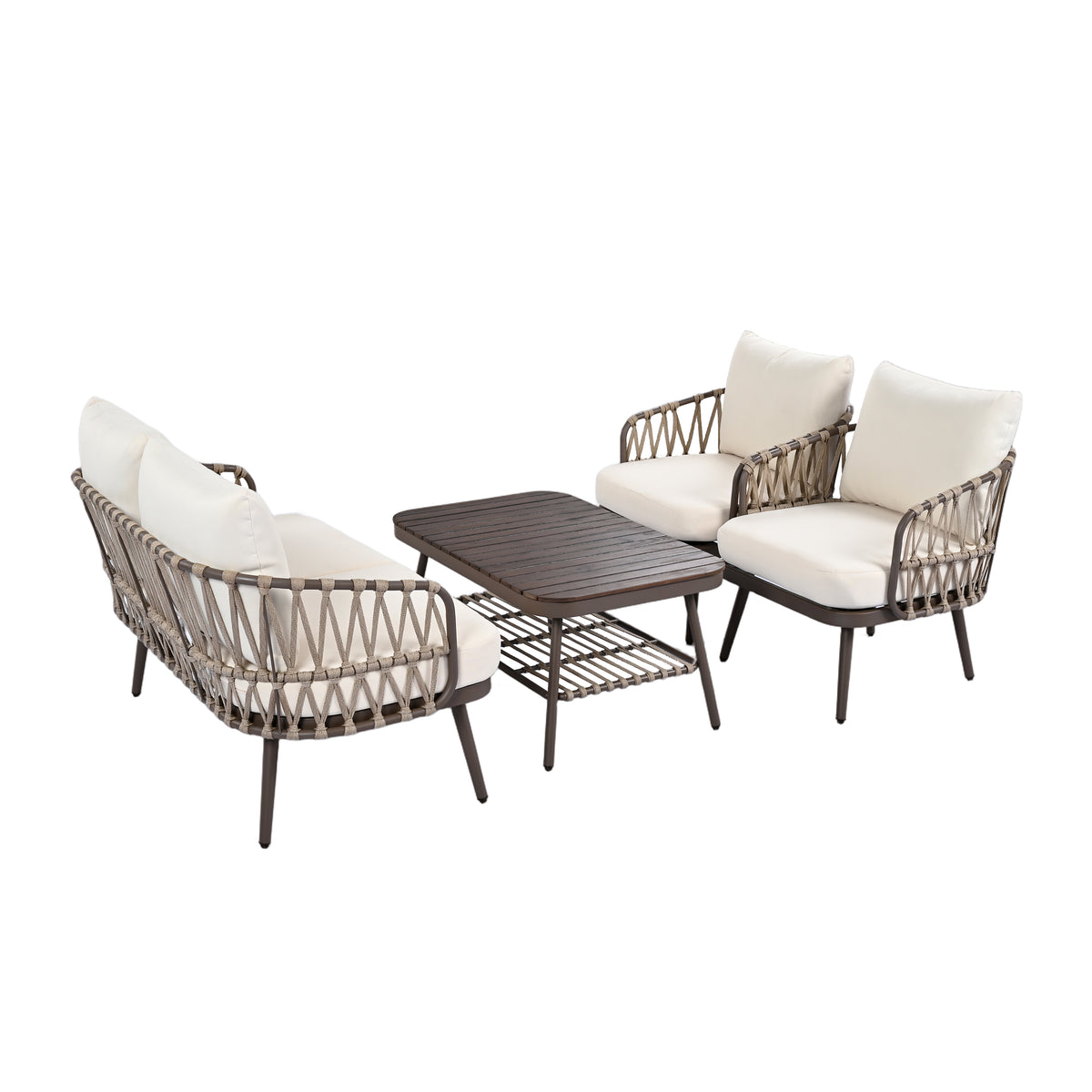 Outdoor sofa set Woven Outdoor Loveseat with Beige Cushions and Steel Frame