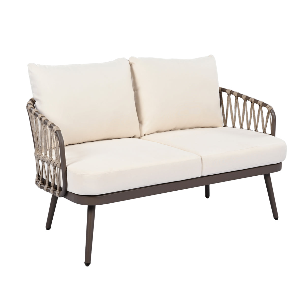 Outdoor sofa set Woven Outdoor Loveseat with Beige Cushions and Steel Frame
