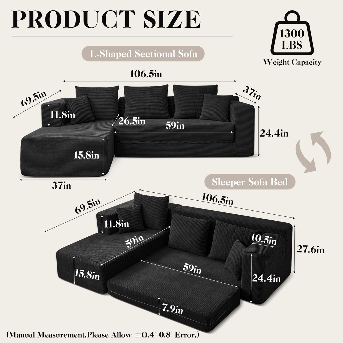 120-in Comfy Cloud Couch U Shaped Sectional Sofa Modular Sectional Sofa 5-Seater Comfy Cloud Couch with Movable Ottomans Chenille Sofa Sleeper Deep Seat Couches for Living Room With Two Ottomans