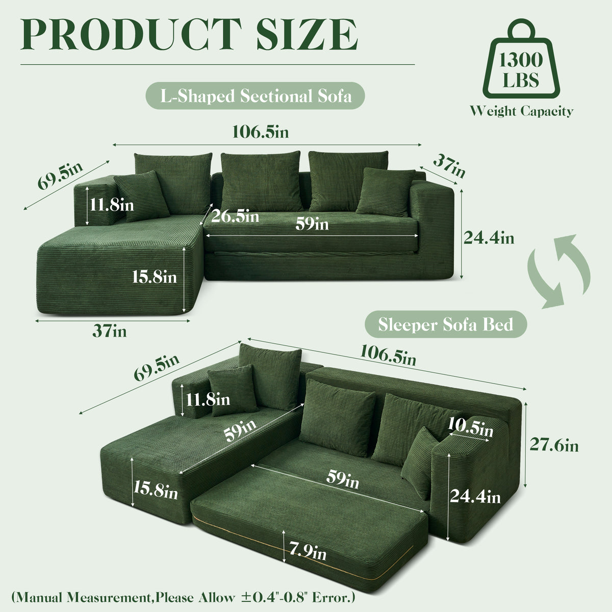 120-in Comfy Cloud Couch U Shaped Sectional Sofa Modular Sectional Sofa 5-Seater Comfy Cloud Couch with Movable Ottomans Chenille Sofa Sleeper Deep Seat Couches for Living Room With Two Ottomans