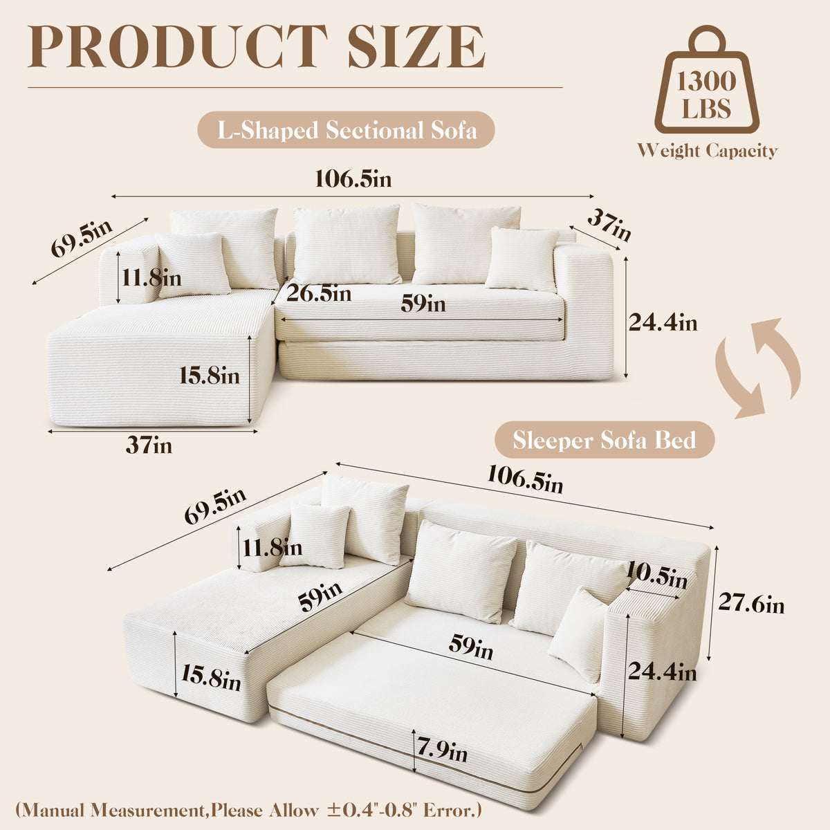 120-in Comfy Cloud Couch U Shaped Sectional Sofa Modular Sectional Sofa 5-Seater Comfy Cloud Couch with Movable Ottomans Chenille Sofa Sleeper Deep Seat Couches for Living Room With Two Ottomans