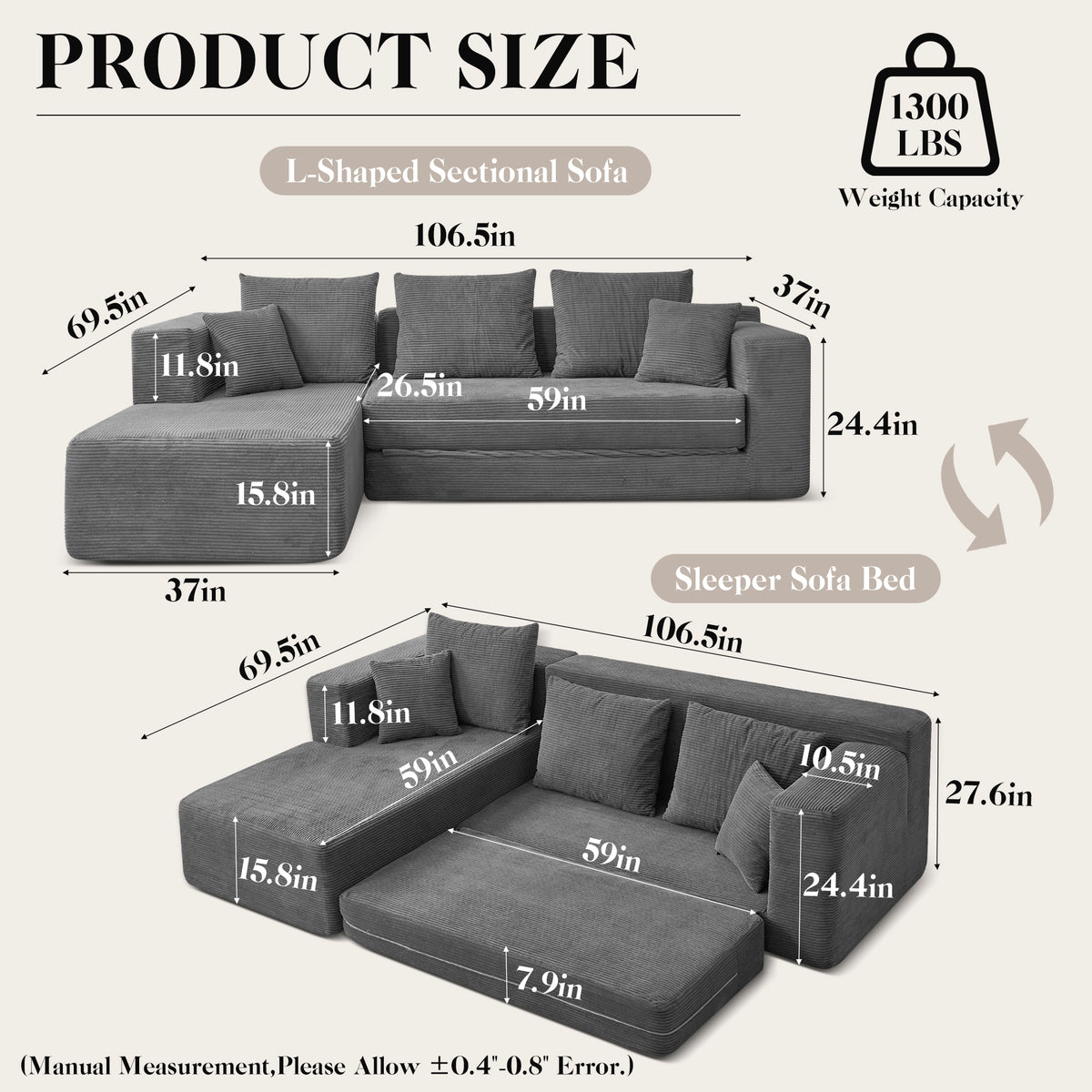120-in Comfy Cloud Couch U Shaped Sectional Sofa Modular Sectional Sofa 5-Seater Comfy Cloud Couch with Movable Ottomans Chenille Sofa Sleeper Deep Seat Couches for Living Room With Two Ottomans