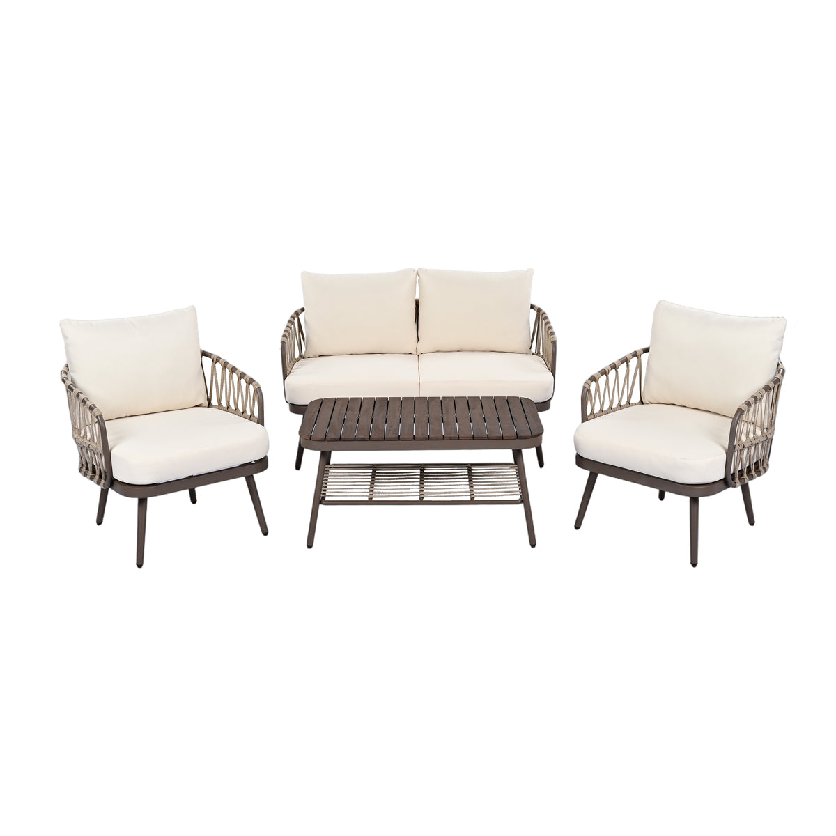 Outdoor sofa set Woven Outdoor Loveseat with Beige Cushions and Steel Frame