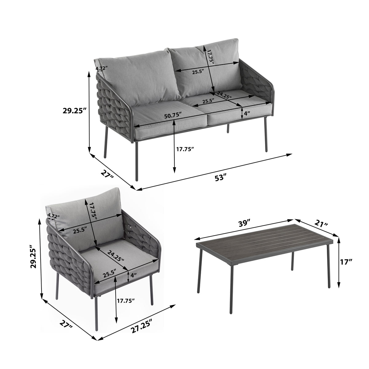 Outdoor sofa set Woven Outdoor Loveseat with Gray Cushions and Steel Frame
