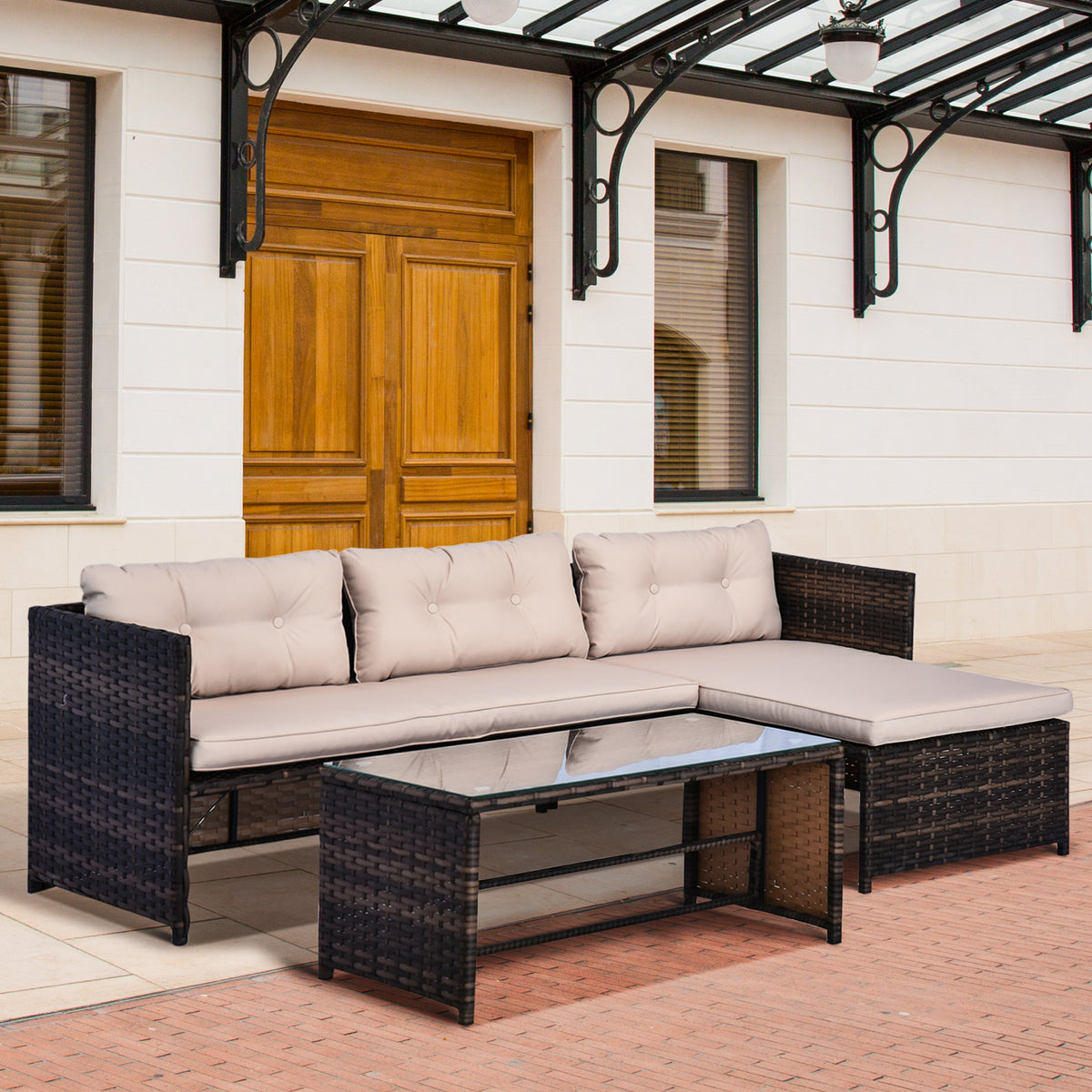 3-piece Acacia Wood and Metal outdoor Patio Sofa Set with White Cushions