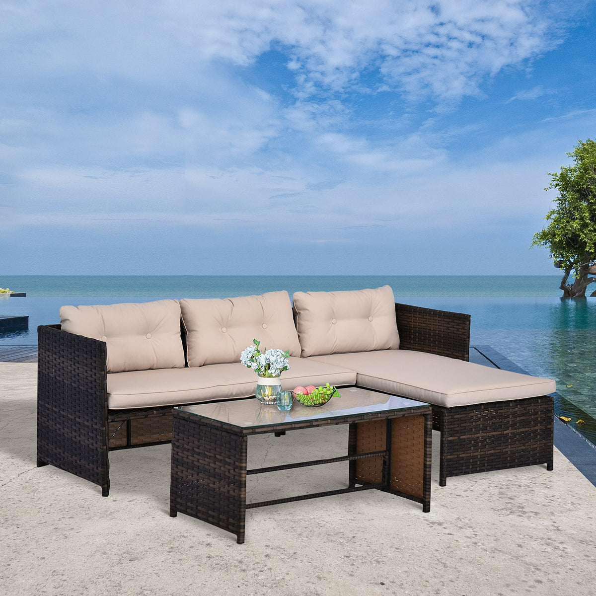 3-piece Acacia Wood and Metal outdoor Patio Sofa Set with White Cushions
