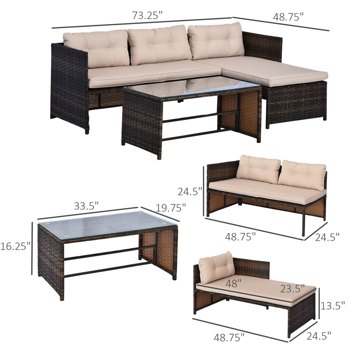 3-piece Acacia Wood and Metal outdoor Patio Sofa Set with White Cushions