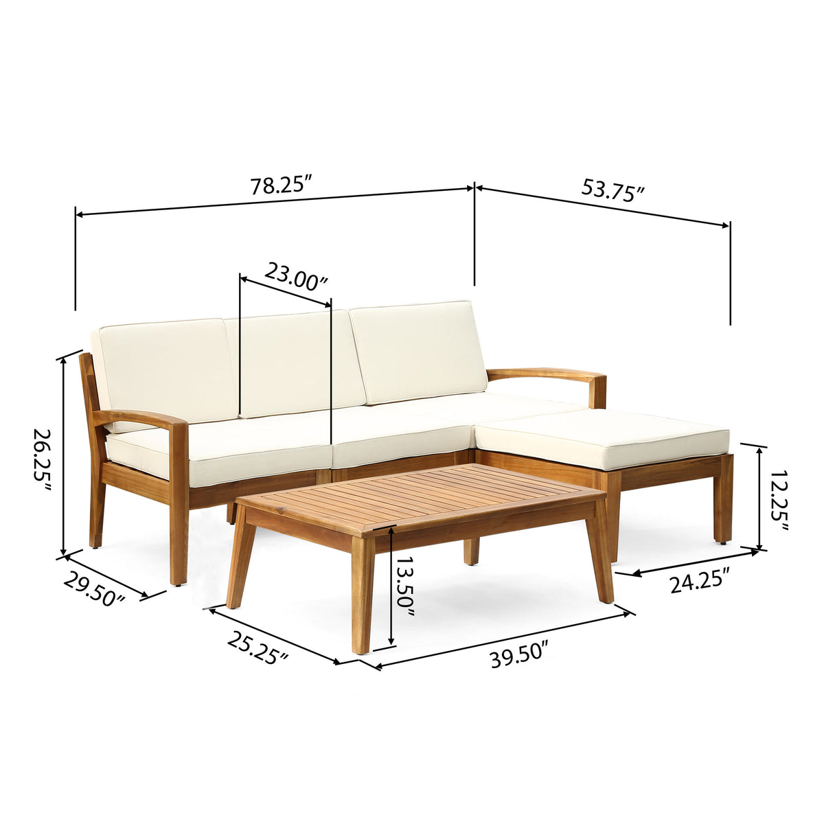 Acacia Wood and Metal Outdoor Patio Sofa Set with white Cushions